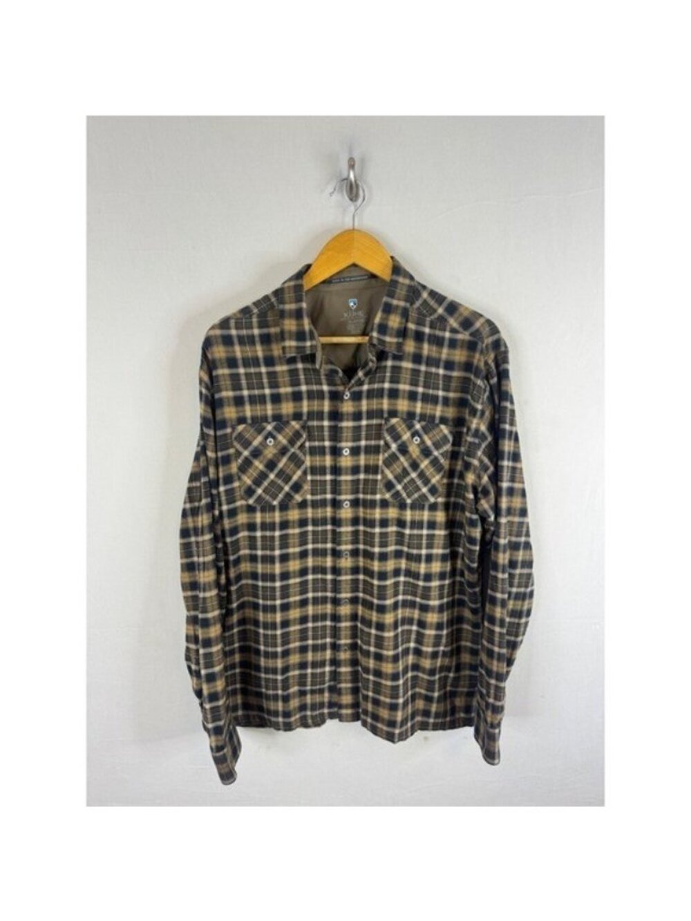 Kuhl Mens XL Brown Tan Plaid Long Sleeve Button Down Outdoor Flannel Shirt